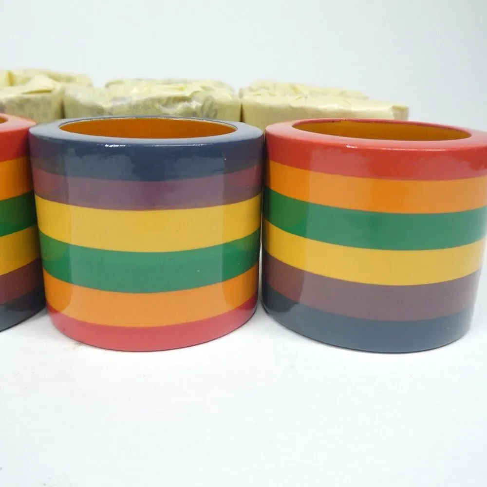 12 Rainbow Striped Wooden Napkin Rings Vintage India Vibrant Colorful Decor